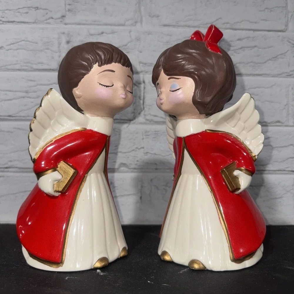 VTG MCM 1976 Hand Painted Ceramic Christmas Choir Angels Set Of 2 7.5